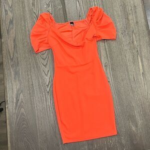 Gibiu Dress Mini Puff Sleeve Square Neck Fitted Bodycon Orange Size S